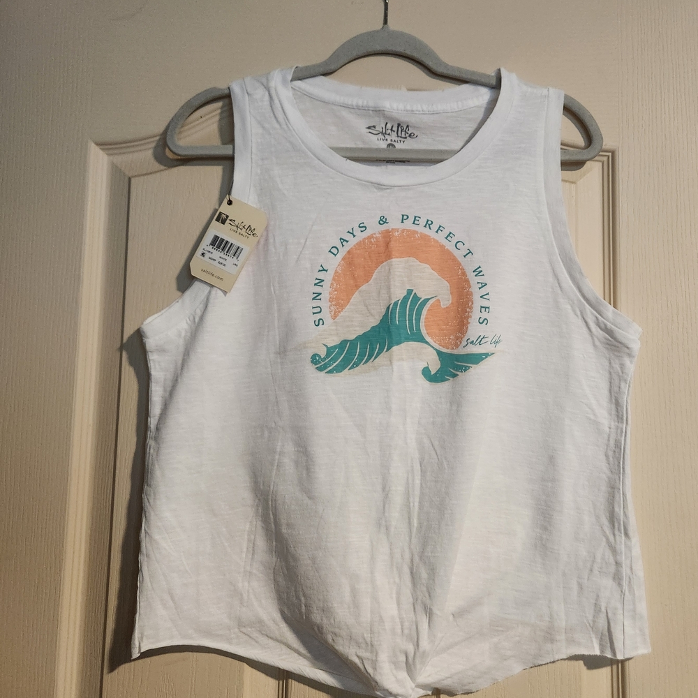 Salt Life White Tank Top with Teal Wave and Peach Sun Graphic